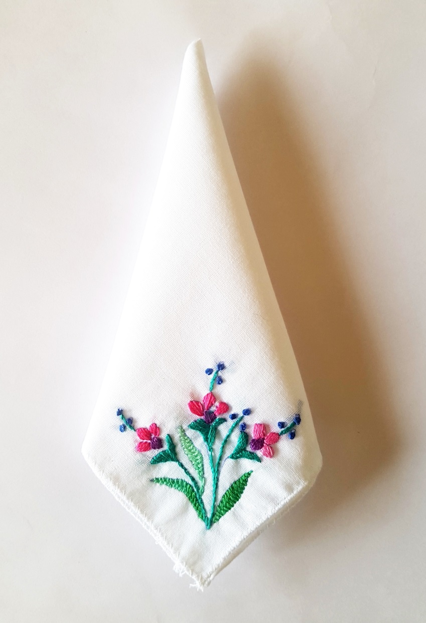 Pink Blooms Embroidered on Cotton Kerchiefs